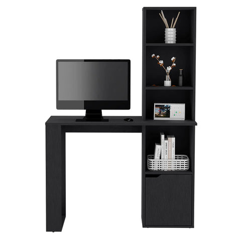 Boss Level Gaming Standing Desk With Smooth Hydraulic Lifts And Zero Sweat Interlocking Assembly For Rugged Modular Home Office Workstation Configuration, black wood desk with storage shelves and monitor.