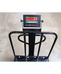 Heavy Duty Digital Platform Bench Scale With Smooth Roll Casters And Reinforced Backrail, 24 By 32 Inches, 1000 Pound Capacity close-up view of digital display and backrail.