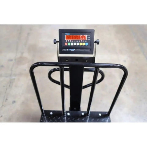 Heavy Duty Digital Platform Bench Scale With Smooth Roll Casters And Reinforced Backrail, 24 By 32 Inches, 1000 Pound Capacity close-up view of digital display and backrail.