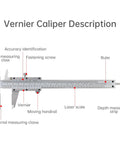Diagram showing features of 6 Inch Vernier Caliper With Dual Inch And Metric Scale, Stainless Steel Manual Caliper for precise measurements.
