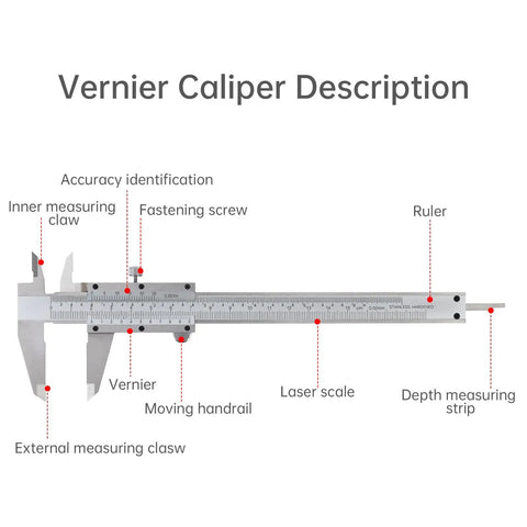Diagram showing features of 6 Inch Vernier Caliper With Dual Inch And Metric Scale, Stainless Steel Manual Caliper for precise measurements.
