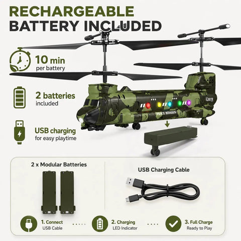 Chinook Style RC Helicopter LM19-D 1:100 Scale with Altitude Hold featuring LED lights and rechargeable battery components