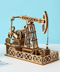 3D Wooden Oil Derrick Model Kit For Adults, detailed side view showing mechanical parts and wooden construction