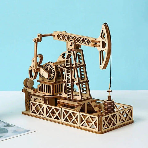 3D Wooden Oil Derrick Model Kit For Adults, detailed side view showing mechanical parts and wooden construction
