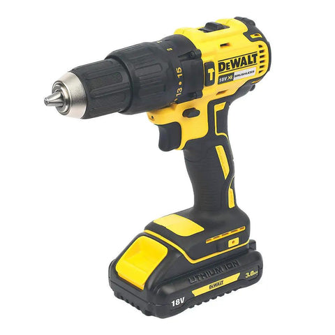 Heavy Duty 18V Cordless Hammer Drill Brushless Motor Kit With Two 3.0 Ah Lithium Ion Batteries And Compact Design, shown in close-up.