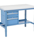 Hella Built Tough 72 By 36 Inch Workbench With Sturdy Steel Frame And Height Adjustable Legs showcasing blue laminate top and dual drawers.