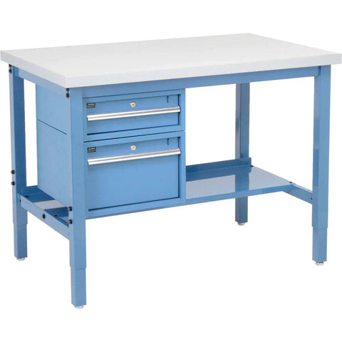 Heavy Duty Industrial Workbench At 96 Inches Wide By 36 Inches Deep With Height Adjustable Legs And Roomy Storage Drawers built in blue.