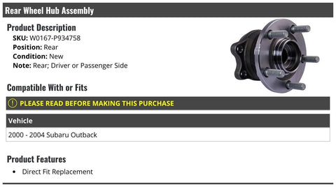Rear Wheel Hub Bearing Assembly for 2000-2004 Subaru Outback, direct fit replacement, rear position, shown with mounting bolts and flange.