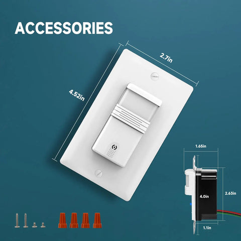 Motion Sensor Light Switch With Occupancy And Vacancy Modes, Hands Free Auto On In Laundry And Garage, Single Pole Wall Switch Requiring Neutral Wire, UL And FCC Listed shown with measurements and accessories.