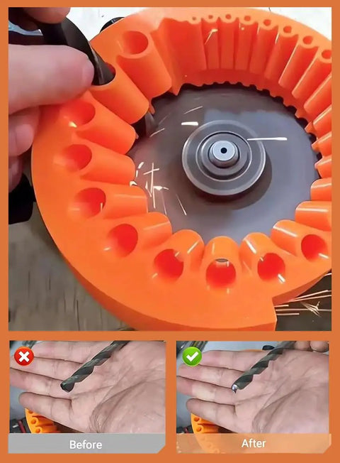 Shop Staple Drill Bit Sharpener Attachment For 4 And 5 Inch Angle Grinders in use sharpening a drill bit.