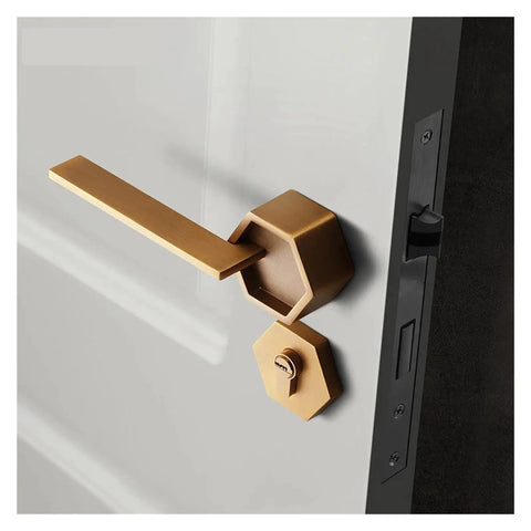 Top Shelf Interior Silent Door Lock Crafted From Premium Zinc Alloy Handle shown on door with smooth finish and hexagonal design.