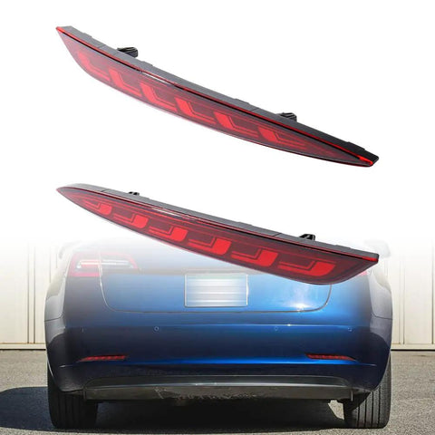 Straight Up High Output Rear Bumper Lights For Tesla Model 3 2017 To 2022 showing two tail lights with red lens design.