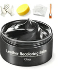 Grey Leather Recoloring Balm For Furniture And Car Interior Vinyl Color Restorer Leather Repair Kit With Sponge Gloves Buffing Pad And Brush Ideal For Shoes, Seats, Couches, And Jackets shown with balm, gloves, sponge, cloth, and brush.