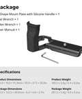 Silicone L Shape Hand Grip for Sony Alpha 6700 Camera With Built-In Arca-Swiss Quick Release, wrench, and manual displayed
