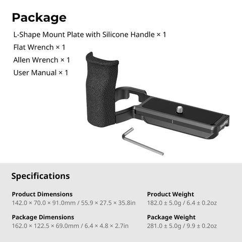Silicone L Shape Hand Grip for Sony Alpha 6700 Camera With Built-In Arca-Swiss Quick Release, wrench, and manual displayed
