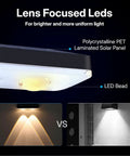 Heavy Duty Solar Wall Lights Outdoor Waterproof For Fence Or Mailbox Or Address Sign Offering Three Light Modes With Warm Daylight And Cool White Colors Using Wide Angle Focus Lens Delivering Kickass Yard Illumination, showing lens and LED features.