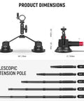 Triple Suction Cup Car Mount Kit dimensions and telescopic extension pole sizes for Insta360 X5 X4 GoPro DJI Osmo cameras.