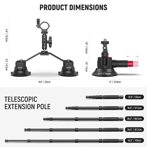 Triple Suction Cup Car Mount Kit dimensions and telescopic extension pole sizes for Insta360 X5 X4 GoPro DJI Osmo cameras.