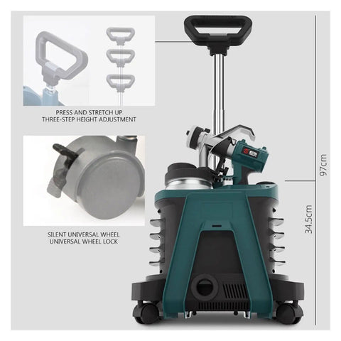 Built Badass 1200W Electric Spray Gun With Three Meter Hose Flow Control Aluminum Frame, height adjustable with silent wheels.