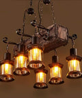 Rustic Farmhouse Linear Pendant Light With Wood Beam, Industrial Island Chandelier, 6 Light Dope Industrial Vibes lit