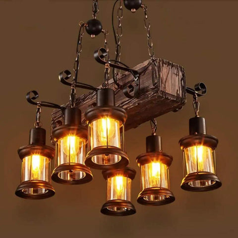 Rustic Farmhouse Linear Pendant Light With Wood Beam, Industrial Island Chandelier, 6 Light Dope Industrial Vibes lit