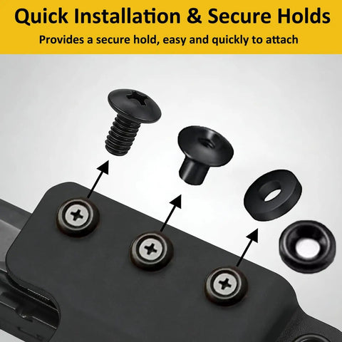 Super Slick Black Chicago Screws Fourteen Pack, Number Eight Thirty Two By One Quarter Inch Hardware for Pistol Sheaths and Kydex Builds displayed with washers.