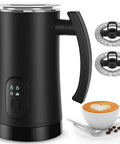 4-In-1 Electric Milk Frother And Steamer With 11.8oz 350ml Capacity, black design, with two whisks and a cup of cappuccino