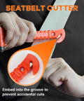 SINSEN car safety hammer and seat belt cutter, orange, 2-pack, close-up of blade tip cutting a seat belt