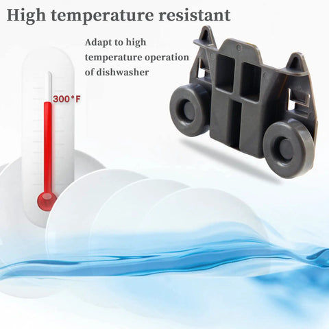 Upgraded Dishwasher Wheel Lower Rack Replacement with 300°F temperature resistance displayed alongside thermometer and splash image.