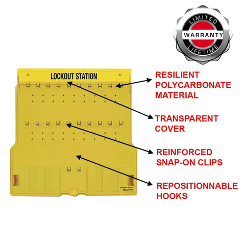 Unfilled 20 Padlocks Lockout Station With Cover For Padlocks, heavy duty polycarbonate with transparent cover and snap-on clips