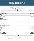 Dimensions diagram of Champagne Bronze Cabinet Pulls 10-Pack, 5-1/16 Inch Hole Center, illustrating length, height, projection.