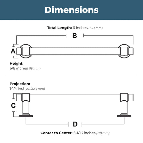 Dimensions diagram of Champagne Bronze Cabinet Pulls 10-Pack, 5-1/16 Inch Hole Center, illustrating length, height, projection.