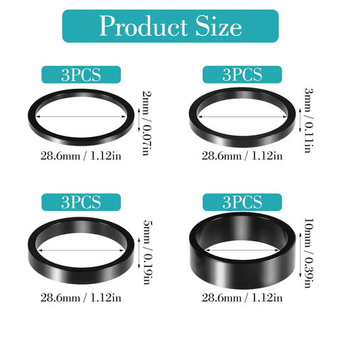 Dope 12 Piece Aluminum Bicycle Headset Spacers Set For Mountain And Road Bikes in four sizes: 2mm, 3mm, 5mm, 10mm.