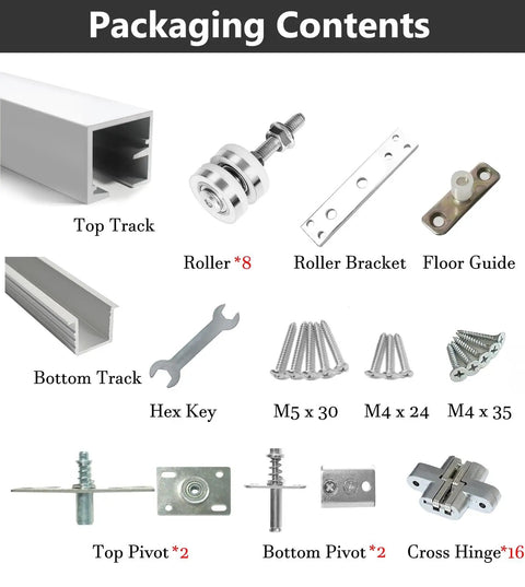 Packaging contents of the Built Tough Folding Sliding Door Rail Track Kit, including tracks, rollers, and hardware.
