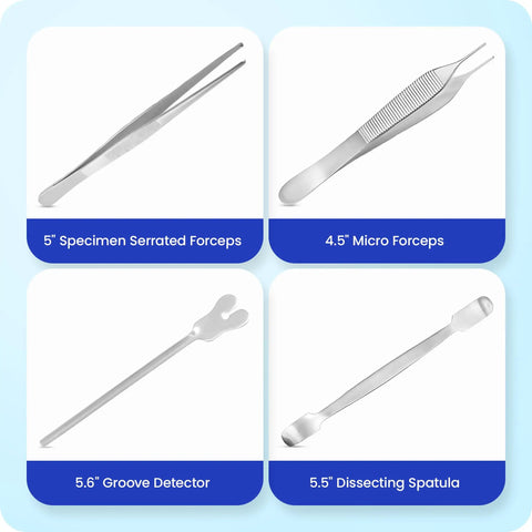 Pro Grade Dissection Kit For Biology Lab And Anatomy Studies With Stainless Steel Scalpel Handle And Blades 38 Piece Set Ideal For Medical And Vet Students Portable Lab Gear For Home Classroom Or Travel: 5in forceps, 4.5in micro forceps