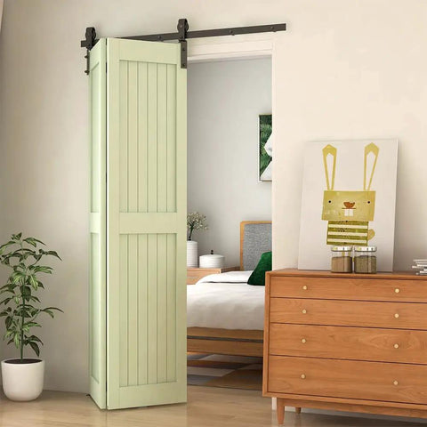 Bi Folding Sliding Barn Door Hardware Kit For Two Doors, space saving installation in home with bedroom view