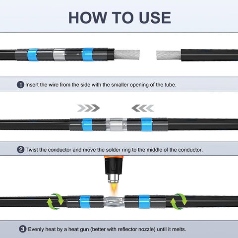 Instructions on 158 Piece Heat Shrink Solder Seal Wire Butt Connector Kit usage with step-by-step guide and images showing tubes.