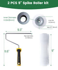 Diagram of 2-piece 9 inch spiked roller kit for self-leveling concrete and epoxy coatings with measurements and details