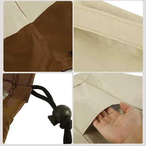 Outdoor Patio Bar Table Cover For Round 21 Inch Diameter And 23 Inch High Fits Keter 7.5 Gallon Cool Bar End Tables Beige Waterproof 420D Polyester With Rainproof Backing For Small Outdoor Side Tables, showing material details.