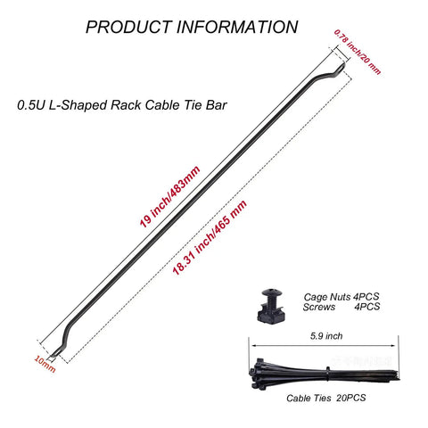 Solid 0.5U Cabinet Horizontal Lacing Cable Management Bar 2 Pack 18.98 Inch dimensions with screws and cable ties specifications.