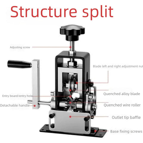Fast And Easy Wire Stripping Tool For Scrap Copper And DIY Cables No Assembly Required Works With Drill 0.04 To 0.8 Inch Wire Range Replacement Blades Included Precision Hand Peeler For Cleaner Copper Recycling, detailed structure with parts labeled.