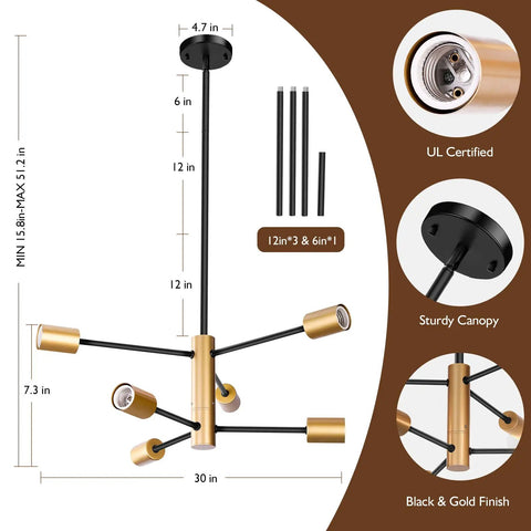 Straight Up Fire Modern Chandelier For Dining Room With Black And Gold Sputnik Ceiling Light Fixture Designed To Hella Elevate Your Everyday Home Vibe Instantly, featuring a 30-inch diameter.