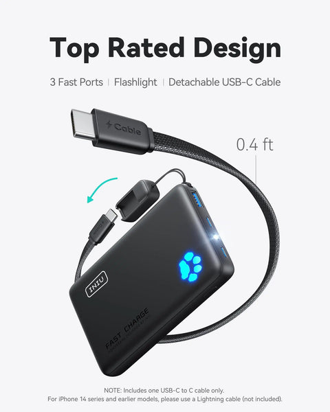 Compact 10000mAh Power Bank Featuring 45W Fast Charging Portable Charger with USB-C cable, flashlight, and 3 ports.