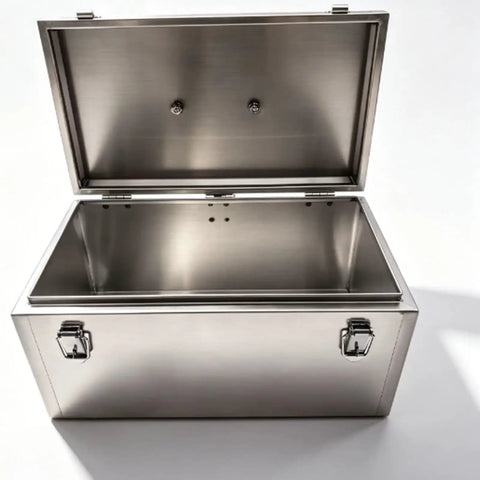 Bulletproof Industrial Stainless Steel Tool Box Heavy Duty Portable Metal Storage Crate For Rock Solid Workshops And Garages That Shuts Out Rust And Keeps Gear Safe From Damage, open view of interior.