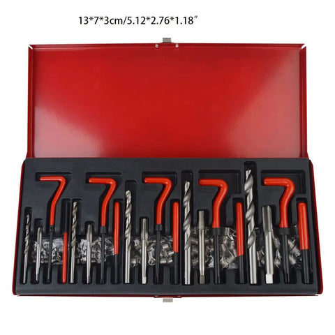 Pro Grade 131 Piece Metric Thread Repair Kit With HSS Drill Bits Taps Threaded Wire Inserts And Break Off Tool Set For Auto Engine Repairs Durable Heavy Duty Steel Construction For Long Lasting Performance open case with metric taps, drill bits and wire inserts