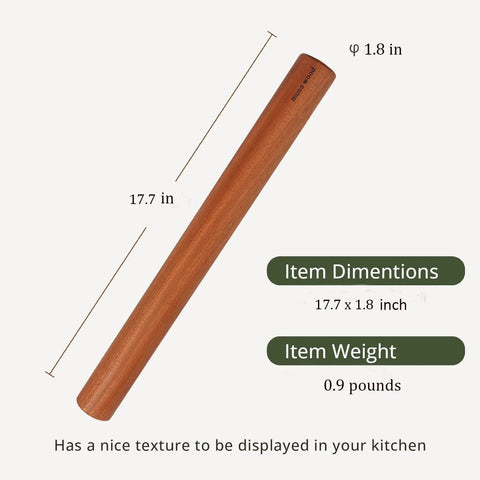 Solid Sapele Wood Dowel Rolling Pin For Baking With Tapered Design Boss For Fondant Pie Crust Cookies And Pastry Seventeen Point Five Inch