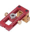 Six Piece Drill Jig Kit With Adjustable Bushings For Precise Woodworking Holes And Quick Assembly, vertical red and gold tool.