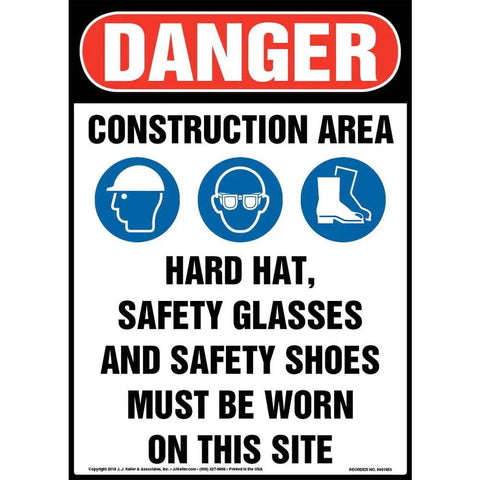 Danger Construction Area Sign PPE Must Be Worn OSHA Compliant Indoor Use 10 By 14 Inch Plastic Sign With Rounded Corners Reminds Workers Visitors Hard Hat Eye Protection And Safety Shoes Required