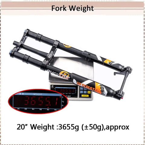 Fat Tire 5.0 20 Inch Air Electric Mountain Bike Front Fork With Inverted Suspension shown on scale with weight 3655g