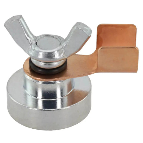 Close-up of Welding Grounding Magnetic Base Clamp for Welder Tool Kit with copper connector and iron base.